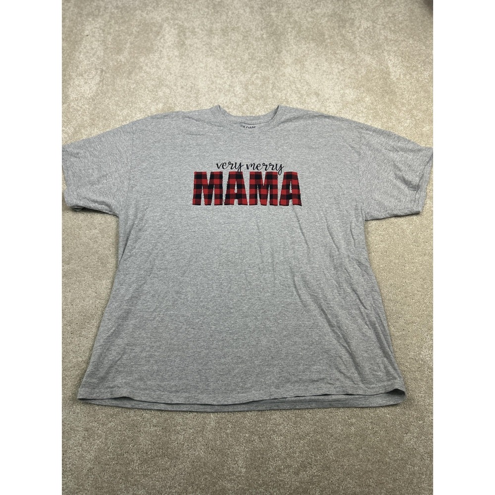 Gildan Shirt Womens 2XL Gray Very Merry Mama Plaid Christmas Holiday Graphic Tee